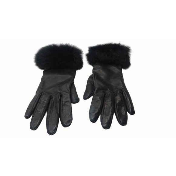 Neiman Marcus Black Sheep Skin Leather Gloves W/ Real Rabbit Fur Cuff S